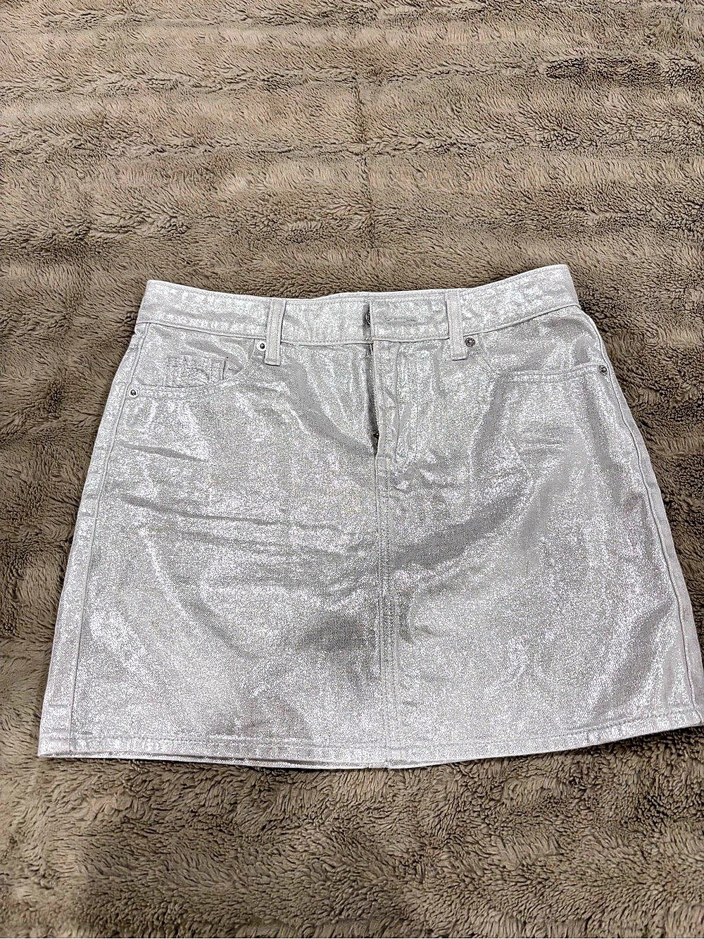 Old Navy Mid-Rise Metallic Denim Skirt Silver Medium Like New